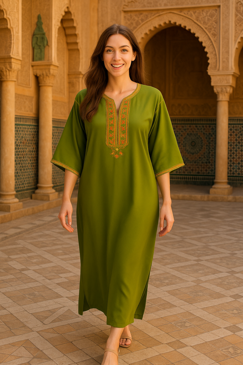 🌿 Moroccan Green Caftan – Elegant, Cultural & Comfortable